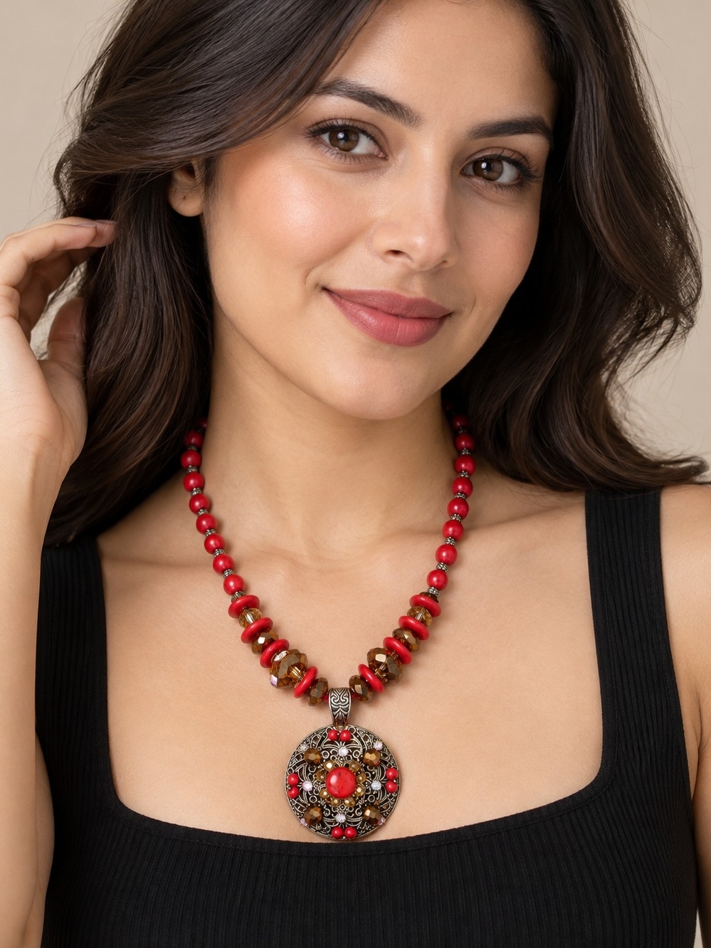 Red Beaded Pendant Necklace - Women's Jewelry